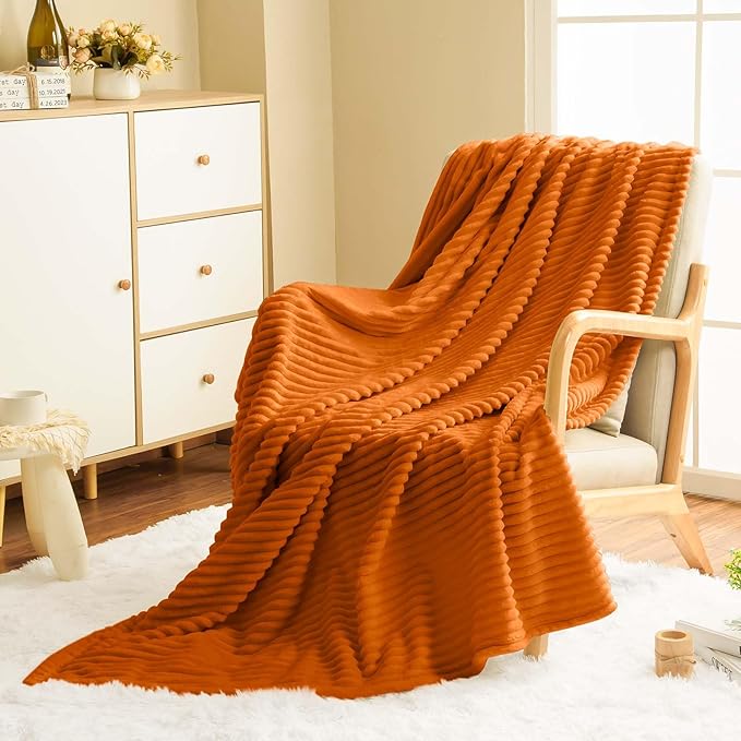 Vessia Flannel Fleece Throw Blanket, 300GSM Cozy Orange Striped Blanket for Kids and Adults, Warm and Soft Microfiber Ribbed Couch and Sofa Throw for All Season(50x40inch)