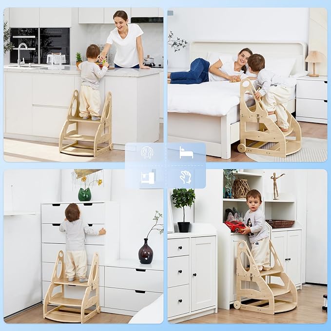 Toddler Step Stool, 2 in 1 Wooden Step Stool for Toddler, Adjustable Toddler Step Stool with Handles and Wheels, Convertible Kids Table and Stool Set