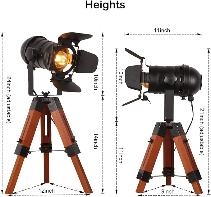 Industrial Tripod Wood Table Lamp for Bedside, Farmhouse Adjustable Height Retro Desk Lamp for Living Room Rotataion Vintage E26 Standing Lighting for Bedroom