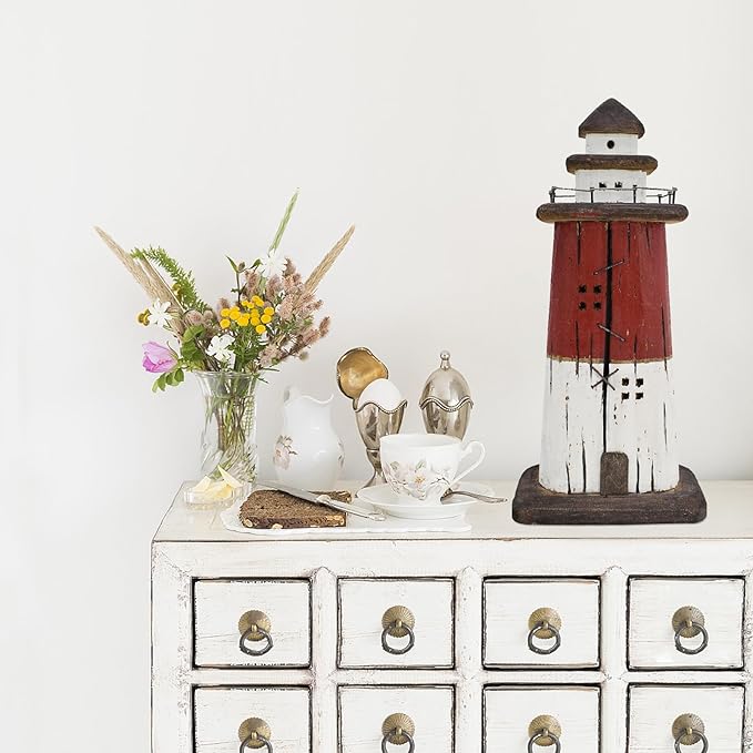K KILIPES Beach Lighthouse for Bathroom Nautical Home Decor, Wood Lighthouse Table Decoration Coastal Centerpiece Hand Crafted Lighthouse Sculpture Ocean Decorations (Red/Blue, M)