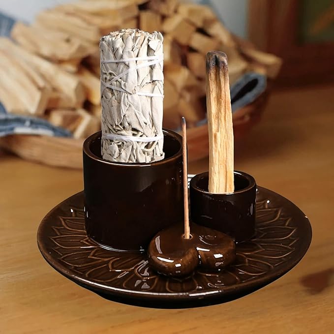 4 in 1 Incense Burner Holder,Incense Sage and Palo Santo Holder,Incense Stick Holder,Ceramic Incense Holder Ash Catcher,for Meditation Room (Black)