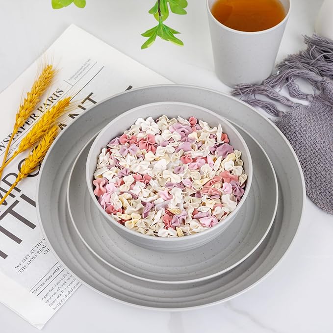 LIYH 48 Pcs Wheat Straw Dinnerware Set,Plates and Bowls Set,Camping Dish Set for 12, Plastic Dinnerware Set,Dishwasher Safe Dinnerware Set, Unbreakable Plates,Camping Dish Sets (Light Grey)