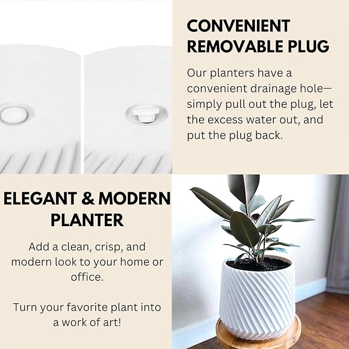 Fox & Fern 10 Inch Plant Pot with Drainage Plug — Premium Polystone White Plant Pot; Modern Planter with 3D Texture and Ceramic Finish; 10 Inch Pots for Plants Indoor & Outdoor