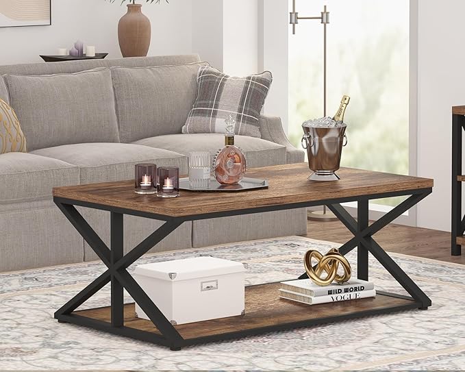 Coffee Table with Storage, Farmhouse Living Room Table, Modern Minimalist Rectangle Center Table, Industrial Vintage Wood Tea Table, 39 Inch, Rustic Brown