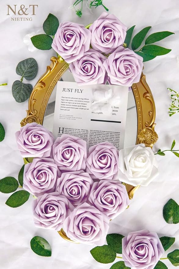 N&T NIETING Artificial Wedding Flowers 25 pcs Lilac Roses Fake Roses with Long Stems for Decortion Mother's Day Baby Shower Arrangements Bouquets