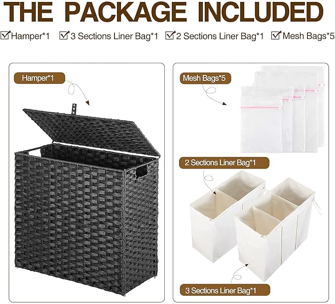 Greenstell Laundry Hamper with Lid, 125L Large Clothes Hamper with 3 Section & 2 Section Removable Liner Bags & 5 Mesh Laundry Bags, Handwoven Synthetic Rattan Divided Laundry Basket, Black