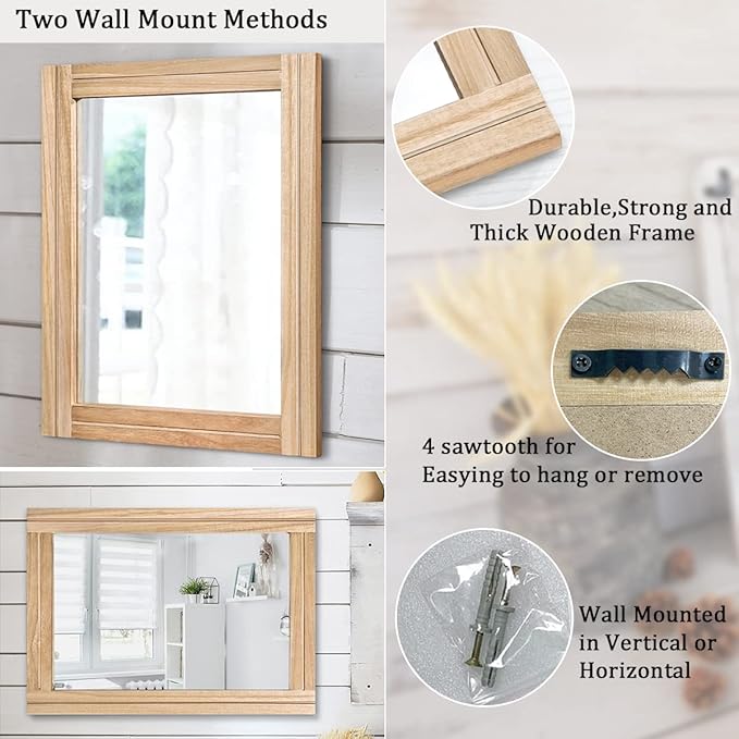 AAZZKANG Rustic Mirrors for Wall with Rectangular Wood Frame Decorative for Farmhouse Bedroom Bathroom Living Room Home Office Large 26"x18"