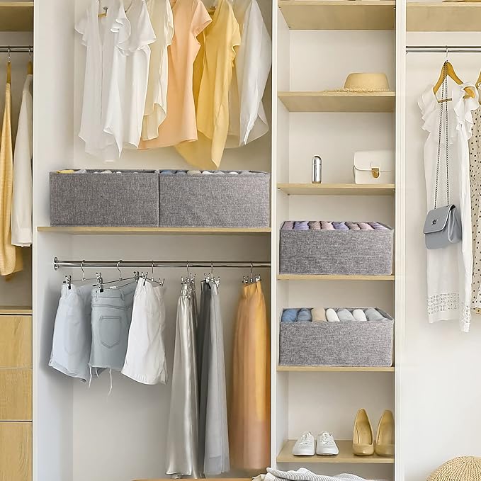 Fixwal 4pcs Wardrobe Clothes Organizer with Board Closet Organizers and Storage 7 Grids Divider Organizers Washable Compartment Storage Bins for Jeans T-shirt Pants Legging
