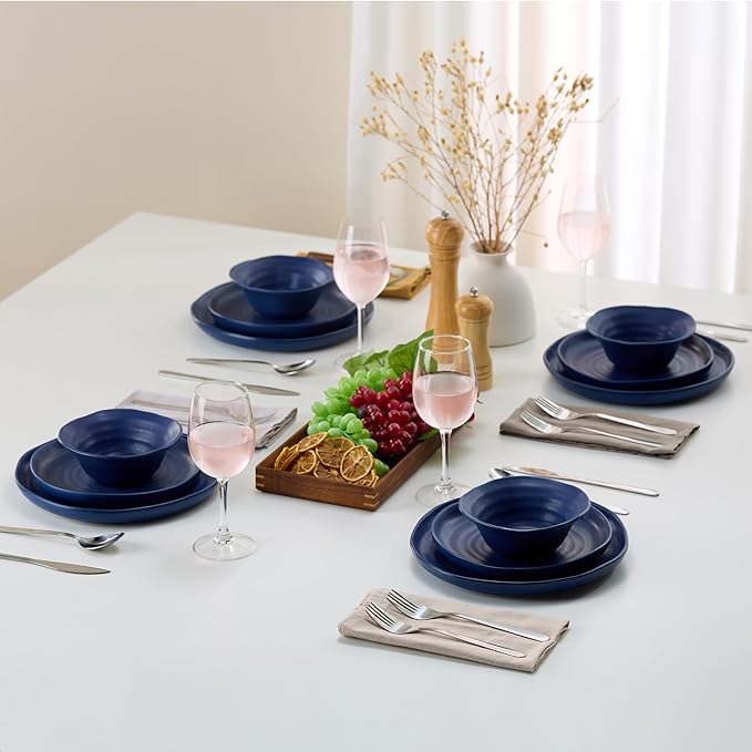 Kook Ceramic Dinnerware Set, 12 Piece, Organic Shape, Dinner Plates, Salad Plates, Soup Bowls, Microwave and Dishwasher Safe, Service for 4, Navy Spiral Pattern