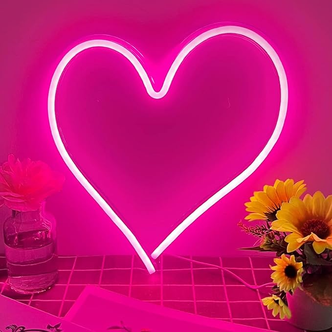 Pink Heart Neon Light, LED Heart Sign 13.413 Inch Dimmable USB Powered Romantic Bedroom Valentine's Kids Room Wedding Party Decor