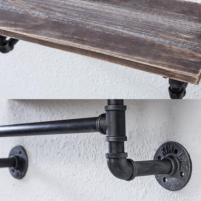 Industrial Pipe Shelving,Iron Pipe Shelves Industrial Bathroom Shelves with Towel bar,24in Rustic Metal Pipe Floating Shelves Pipe Wall Shelf,1 Tier Industrial Shelf Wall Mounted,Retro Brown