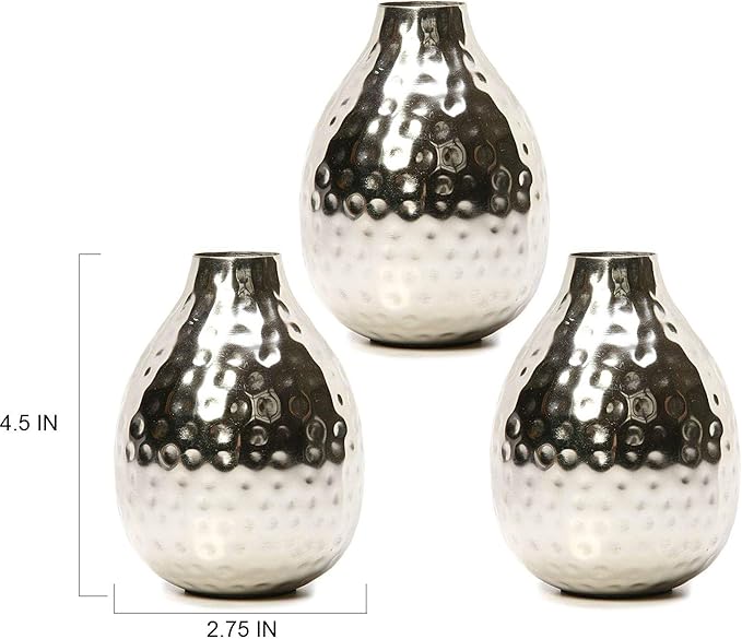 Hosley Set of 3 Metal Bud Vases - Your Choice of Colors. 4.5 Inch High. Ideal Accent Piece for Coffee and Side Tables as Well as Dried Floral Arrangements (1-Silver Finish)