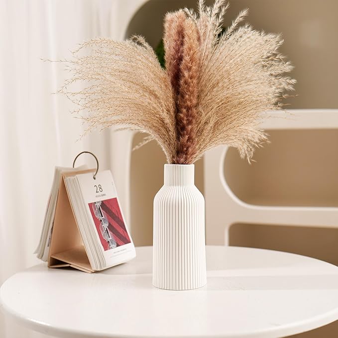 White Ceramic Flower, Pampas Grass Vase - Small Modern Bohemian Centerpiece for Dining Table, Mantel or Shelf Decor