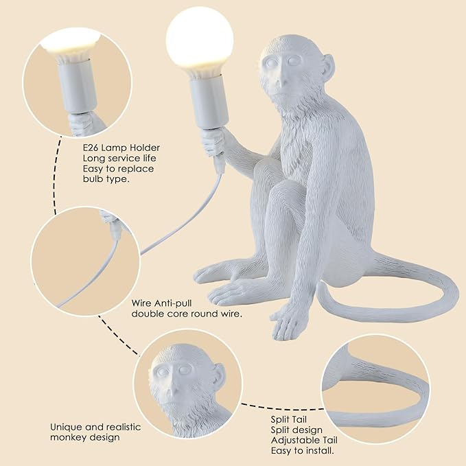 Modern Resin Monkey Wall & Table Lamp - Hemp Rope Pendant Light for Home Decor - Dining, Living Room, Bedroom, Entryway (White)