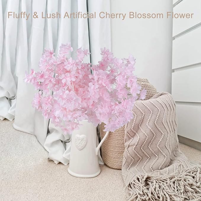 Pusuny 5PCS Artificial Pink Cherry Blossom Branches Decor, 35 Inch Faux Cherry Blossom Flowers for Tall Floor Vase Used as Wedding Home Decoration, Faux Pink for Dinner Table Centrepiece