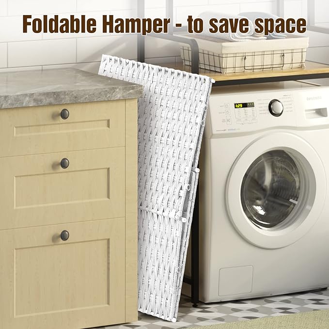 Greenstell Laundry Hamper with Wheels, No Install Needed, 110L Divided Handwoven Hampers & 2 Removable Liner Bags, Rattan Clothes Laundry Basket with Lid & Handles, Foldable Hampers White
