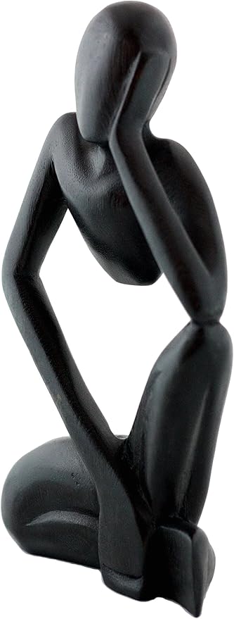 12" Wooden Handmade Abstract Sculpture Thinker Statue Handcrafted - Thinking Man - Gift Art Modern Decorative Unique Home Decor Figurine Accent Decoration Artwork Hand Carved (Black)