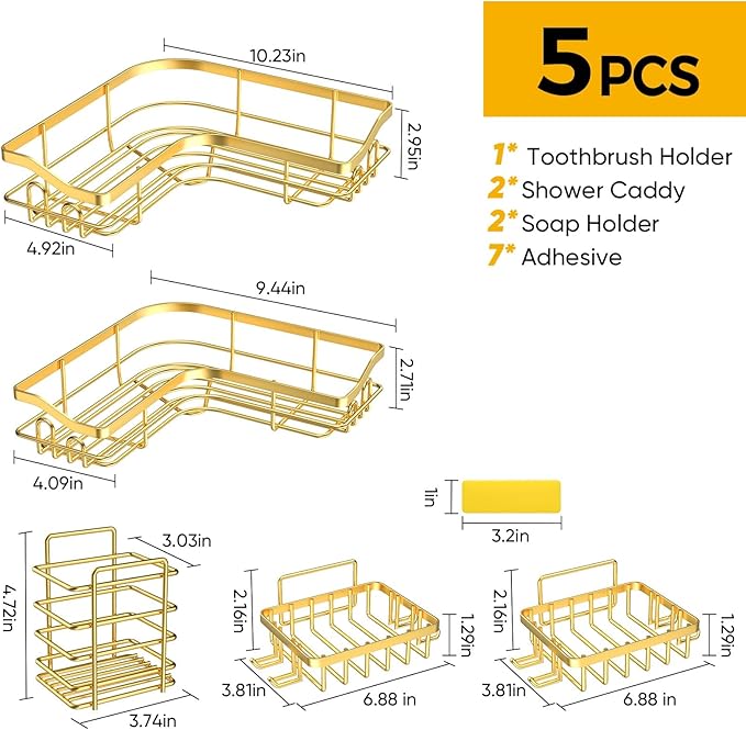 Gold Corner Adhesive Shower Caddy,Rustproof Stainless Steel Corner Shower Shelves for Bathroom Kitchen, No Drilling Wall Mounted Shower Rack for Inside Shower, 5 Pack