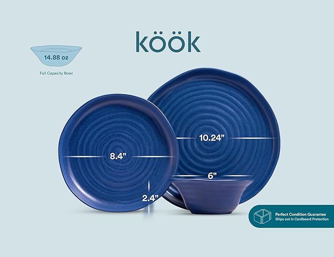 Kook Ceramic Dinnerware Set, 12 Piece, Organic Shape, Dinner Plates, Salad Plates, Soup Bowls, Microwave and Dishwasher Safe, Service for 4, Navy Spiral Pattern