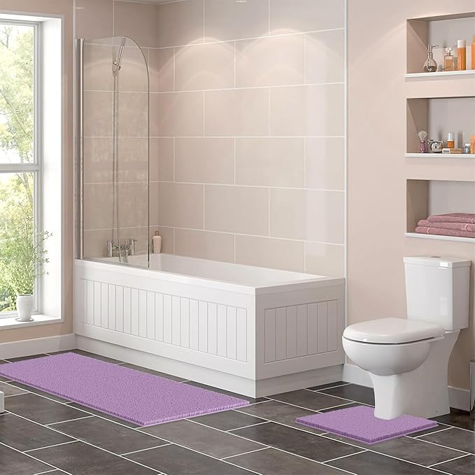 LuxUrux 2-Piece Bathroom Rug Set – Plush Chenille Runner & U-Shaped Toilet Mat, Soft, Absorbent & Non-Slip Design (20x20 U & 27x47 inches, Lavender)