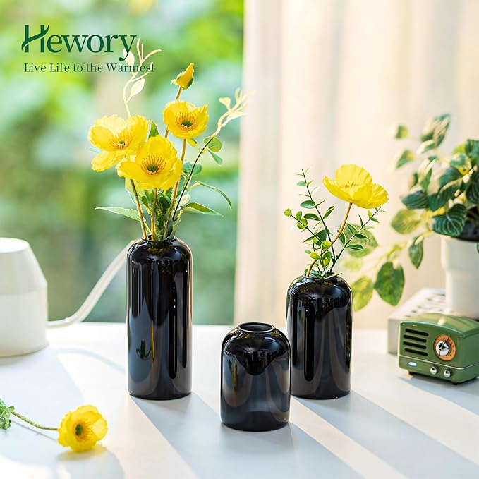 Black Glass Bud Vases for Flowers - Hewory Set of 6 Blown Modern Small Glass Vases for Centerpieces, Mini Bulk Flower Vase for Wedding Party Events Home Decor Floral Arrangements (Not Include Flower)