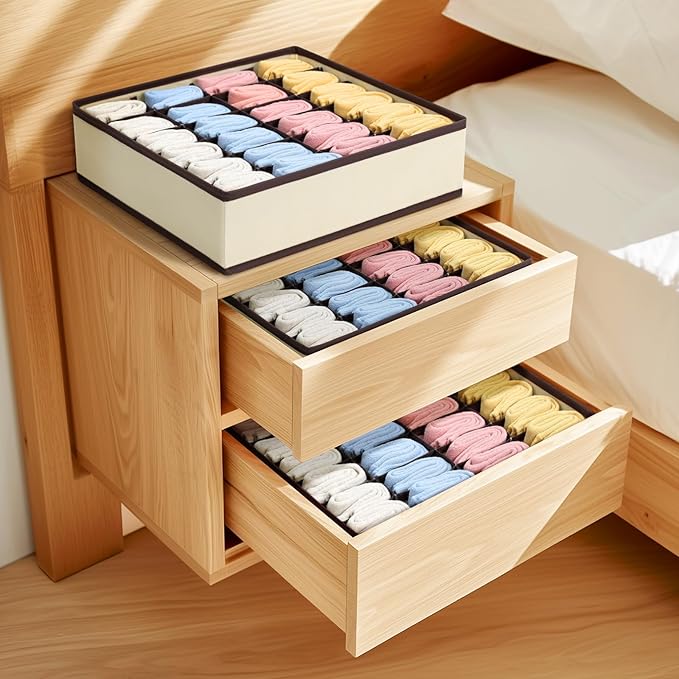 Joyoldelf Sock Organizer Drawer Organizer - Underwear Organizer, 24 Cell Collapsible Closet Organizers and Storage Sock Holders Organizers for Storing Socks, Ties, Belts 6 Pack Beige