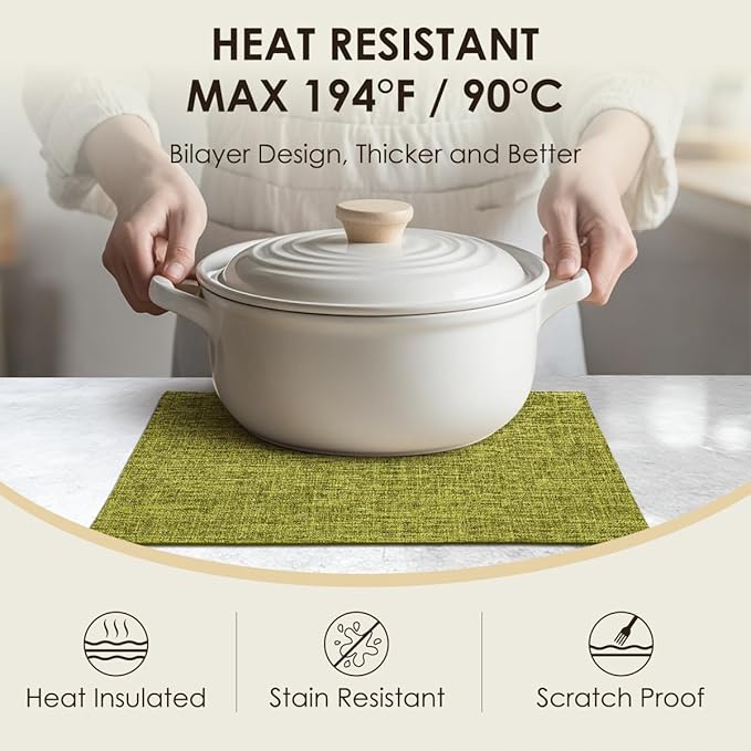 Placemats Set of 4, Bilayer Thickened Linen Place Mats Heat Resistant Machine Washable Wrinkle Free Carefully Selected Polyester Mats for Kitchen/Dining/Coffee Table (Lime Green)