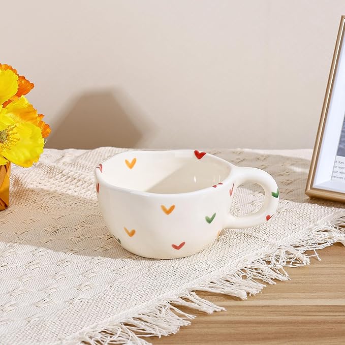 Koythin Ceramic Coffee Mug, Handmade Hot Chocolate Mugs, Cute Cup for Girl Women, Aesthetic Tea Milk Cup with Handle, 8.5 oz/250 ml for Latte, Cocoa, Office, Home (Colorful Little Hearts)