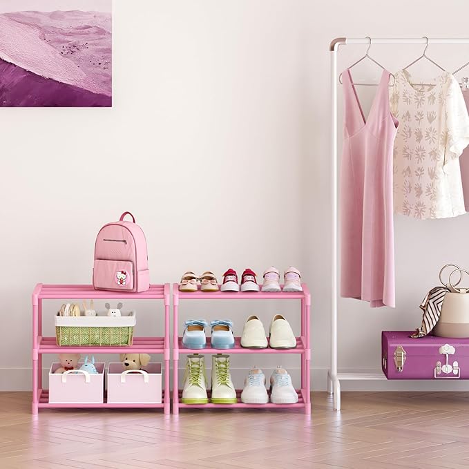 3-Tier Free Standing Shoe Racks for 5-7 Pairs Shoe Storage,Kids Shoe Racks for Small Place, Lightweight Stackable Shoe Shelf Organizer for Entryway, Doorway and Closet,Pink