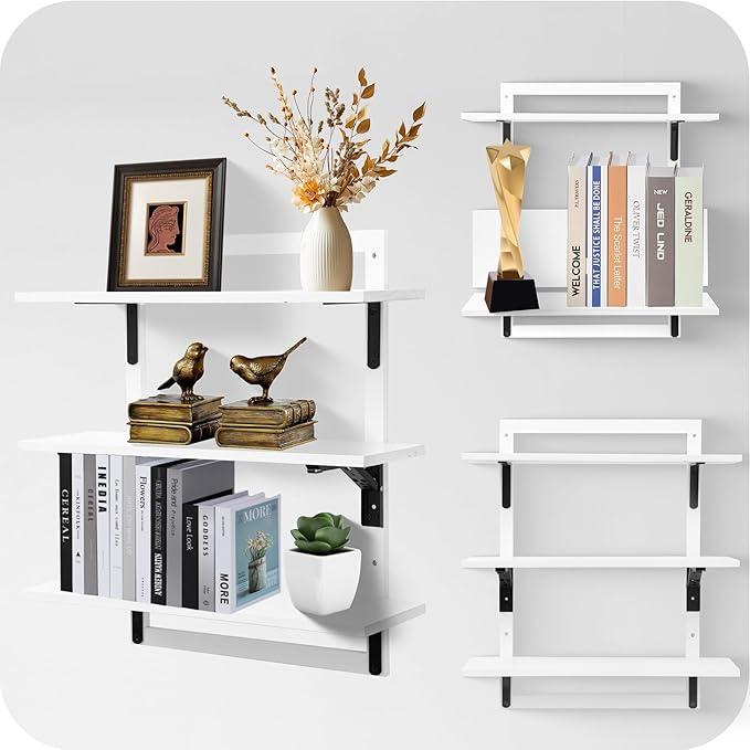 24-Inch Floating Shelves for Wall,3-Tier Wooden Wall Mounted Kitchen Shelves with Foldable Brackets,Hanging Wall Shelves for Living Room, Coffee Bar,Bedroom, Bathroom,Classic White