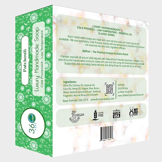 360Feel Patchouli Soap - Handcrafted Castile Patchouli Soap Bar with Soothing Scent - Handmade with Essential Oils - A Gift for Anniversaries, Weddings, and Holiday Stockings - Rich Lather - 4 pack