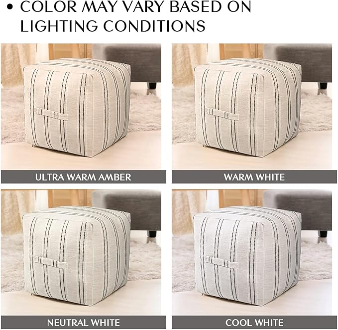AELS Unstuffed Farmhouse Pouf Cover for Living Room, Boho Storage Bean Bag Cubes, Beige with Black Stitch Yarn Dyed Stripe Linen Square Ottoman Pouf Foot Rest Footstool, 18"x18"x18", Cover ONLY