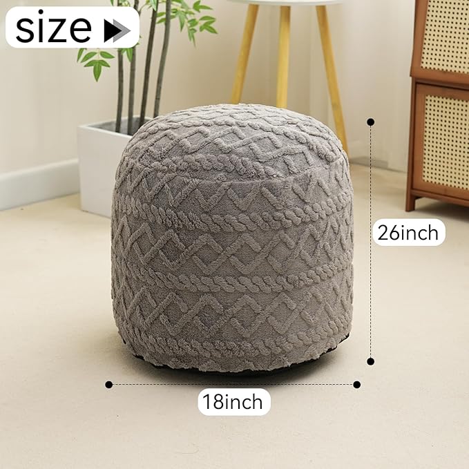 Round Stuffed Pouf Ottoman, Corduroy Poufs with Foam Chunk Filling, Furry and Fluffy Pouf Foot Stool Storage Grey 26"