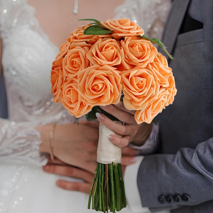 Artificial Flowers 50Pcs Orange Roses Real Looking Foam Fake Roses with Leaves for DIY Wedding Bouquets Bridal Shower Centerpieces Party Decorations (Orange, 50)