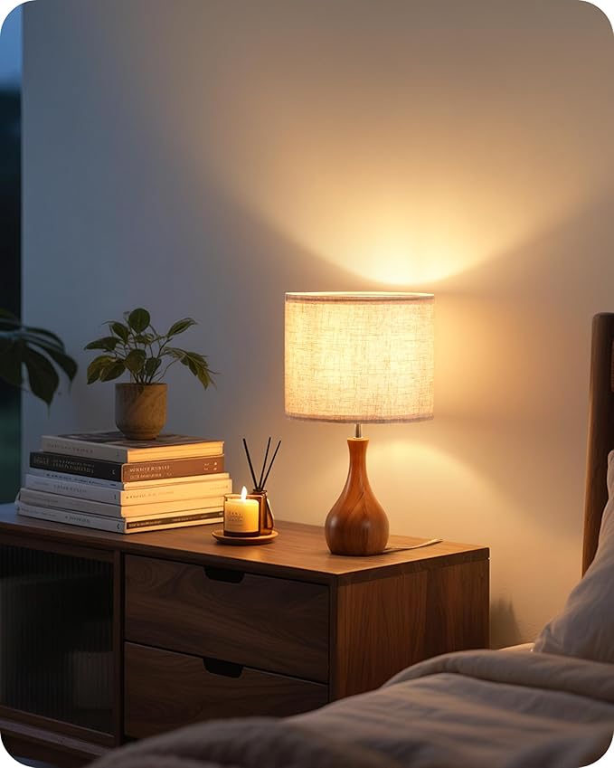 Small Table Lamp, Wood Desk Lamp with Bottle-Shaped Base and Linen Lampshade, Bedside Lamp with Cable, E26 Base, Bulb Not Included, for Living Room, Bedroom, Beige and Dark Natural LE09TL05