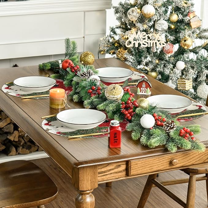 Artoid Mode Snowman Trees Snowflakes Christmas Round Placemats Set of 4, 14 Inch Winter Round Table Mats for Dining Decoration