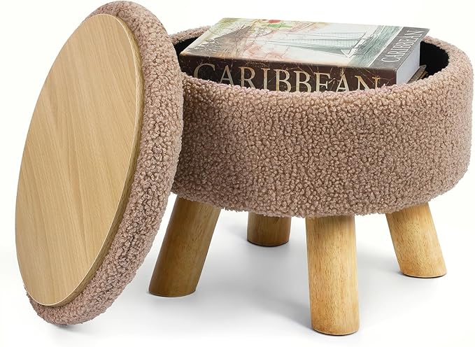 Ottoman Foot Rest, Small Round Ottoman with Storage, Boucle Teddy Velvet Footstool with Wood Legs, Soft Sponge Storage Ottoman for Living Room, Bedroom, Couch, Enterway (Camel Brown)