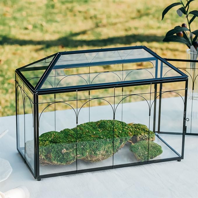 NCYP Wedding Glass Cards Box with Slot and Lock - 12.6" x 5.9" x 9" Vintage Indoor Tabletop Geometric Terrarium, Black Card Holder for Reception, Wishwell, Party Decor (Glass Box Only)