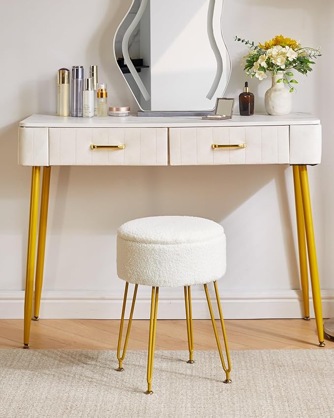 IBUYKE Teddy Velvet Storage Footrest Stool Ottoman, Makeup Vanity Stool Side Table with Removable Cover, Golden Steel Legs, Coffee Table Top Cover, White WBD010W