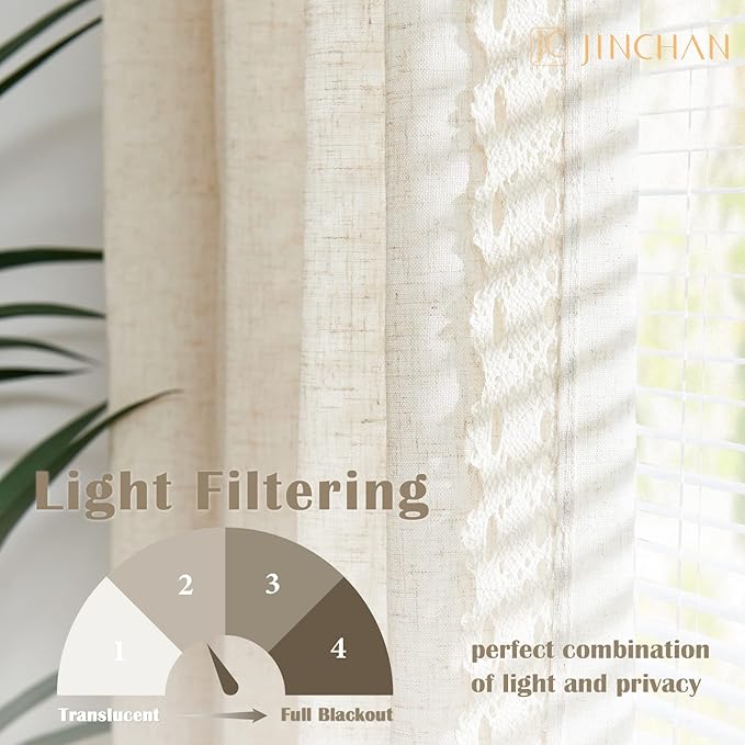 jinchan Linen Light Filtering Curtains 50W x 96L Inch Ecru for Living Room Farmhouse Boho Laced Curtains Back Tab Rod Pocket Drapes 2-Panel Set