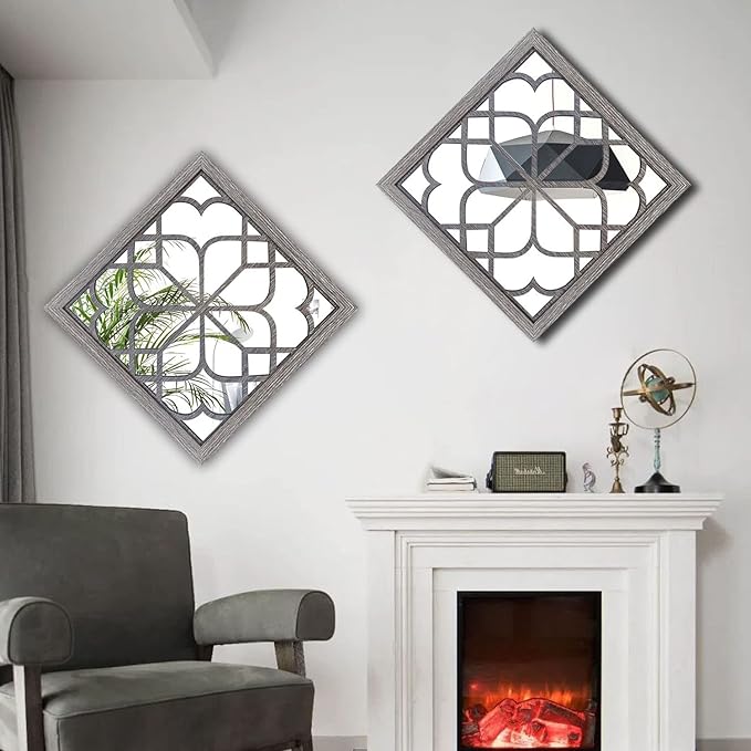 Wocred 2 PCS Square Wall Mirror,Gorgeous Rustic Farmhouse Accent Mirror,Barn Wood Color Entry Mirror for Bathroom Renovation,Bedrooms,Living Rooms and More(16”x16”)
