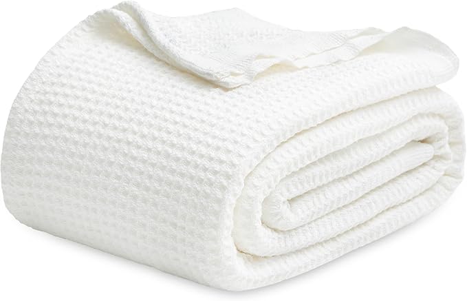 Bedsure 100% Cotton Blanket King Size for Bed - Breathable and Soft, Waffle Weave Blanket for Summer Spring, White, 104x90 inches