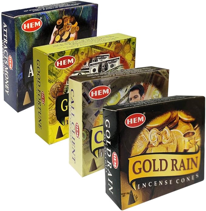 Hem Incense Cones Variety Pack #1 And Cone Incense Burner Bundle With 4 Money Luck And Business Themed Fragrances