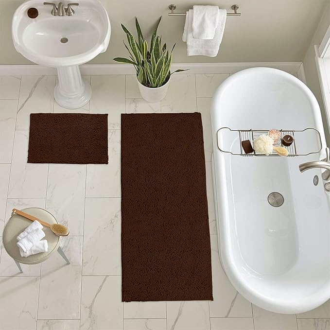 LuxUrux 2-Piece Bathroom Rug Set – Ultra-Plush Chenille Mats, Includes Runner Rug, Soft, Absorbent, Non-Slip & Stylish (27x47 & 16x24 inches, Brown)