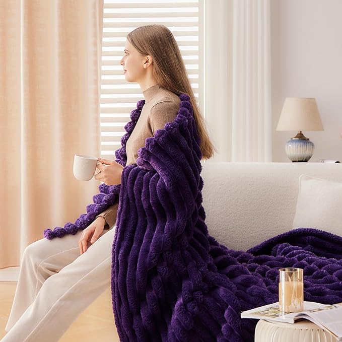 NEWCOSPLAY Super Soft Twin Blanket Purple Premium Silky Flannel Fleece 3D Ribbed Jacquard Lightweight Bed Blanket All Season Use (Purple Ribbed, Twin(60"x80"))