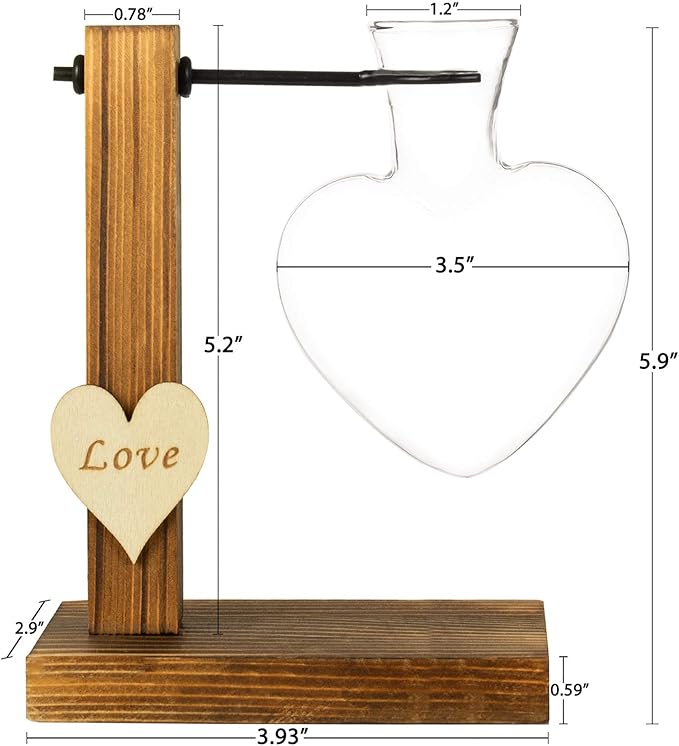 Kingbuy Hydroponic Glass Vase Vintage Desktop Plant Terrarium Planter Bulb Vase Water Planting Propagation Vase Planters Hydroponics Plants with Retro Wooden Stand Home Garden. (D(1 Heart Vase))
