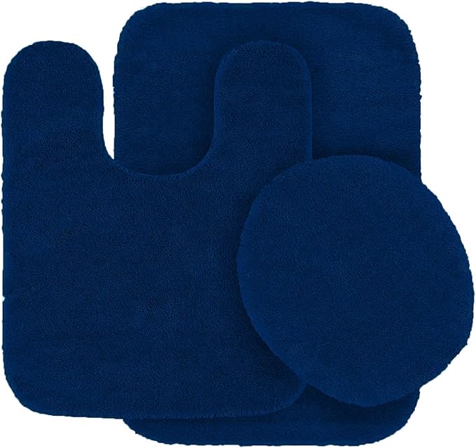 Fancy Linen 3pc Solid Non-Slip Bath Mat Set Bathroom U-Shaped Contour Rug, Mat and Toilet Lid Cover New # 6 (Navy Blue)