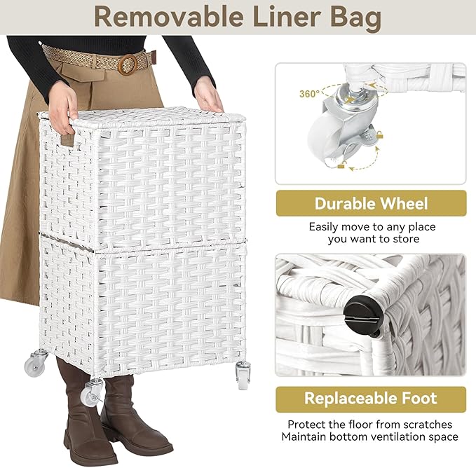 Chrislley 90L Slim Laundry Hamper with Wheels,Rolling Laundry Basket with Lid and Renovable Liner Bag,Handwoven Rattan Organizer for bedroom, bathroom, laundry room (White)