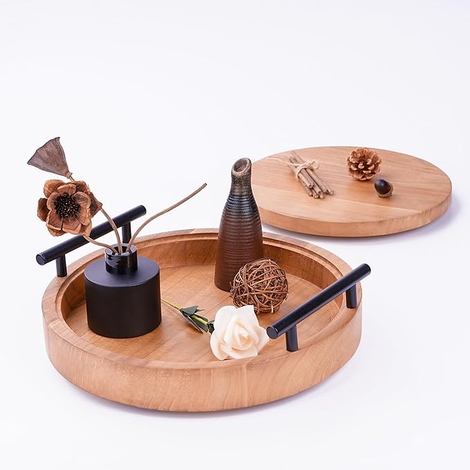 Set of 2 Wood Decorative Trays with Handles 12 Inch Round Decorative Tray for Room Decor, 2 in 1 Counter Decor Trays for Coffee Table,Round Tray for Storage and Display