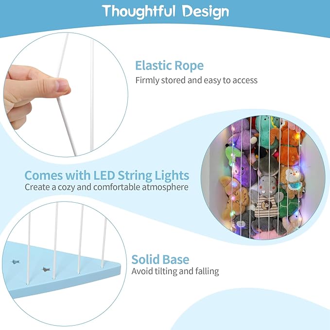 Stuffed Animal Storage Corner Plush Toys Holder with Star Pattern,Stuffed Animals Holder with LED Light,Large Corner Kids Plushies Toys Wall Hangingwith Adjustable Length for Nursery Playroom Bedroom